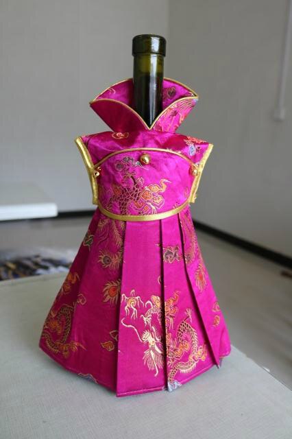 Floral Dress Silk Satin Christmas Wine Bottle Cover Bag Wedding Party Table Decoration Red Wine Bottle Dress Bag fit 750ml 10pcs