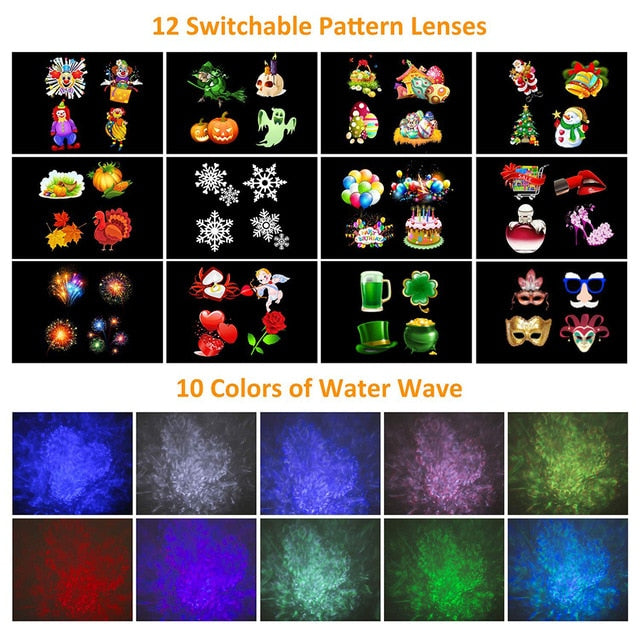 LED Laser Projector Lamps Waterproof AC85-240V 12 Patterns 10 Water Wave Christmas Lights Outdoor