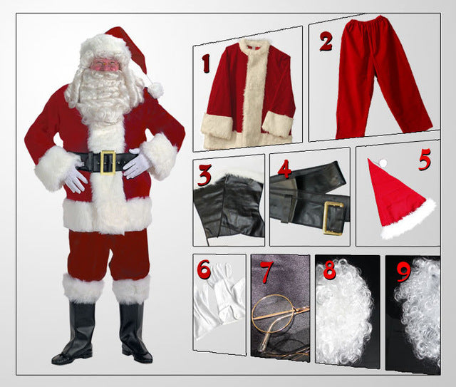 christmas santa claus costume for men women adult Cosplay Costumes Party red Suit Coat Pants Beard Hat Set Clothes Xmas Costume