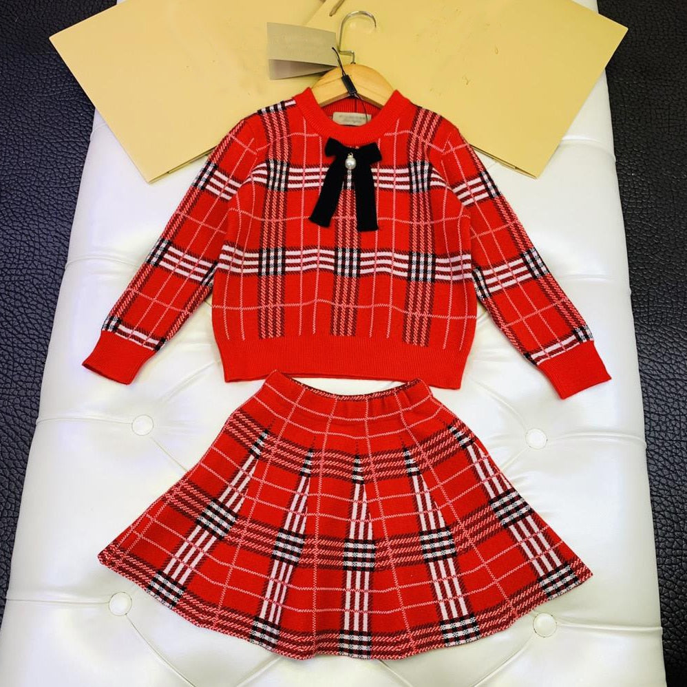 2019 Fashion Children Clothing Girls Brand Clothes Sets Classical Plaid Long Sleeve Cashmere Sweater 2pcs Set Christmas Clothes