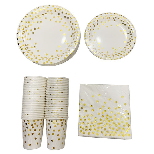 Gold Dot Disposable Cups Paper Plates Napkins Set 200 PCS Service for 50 Guest Holiday Christmas party Birthday Wedding