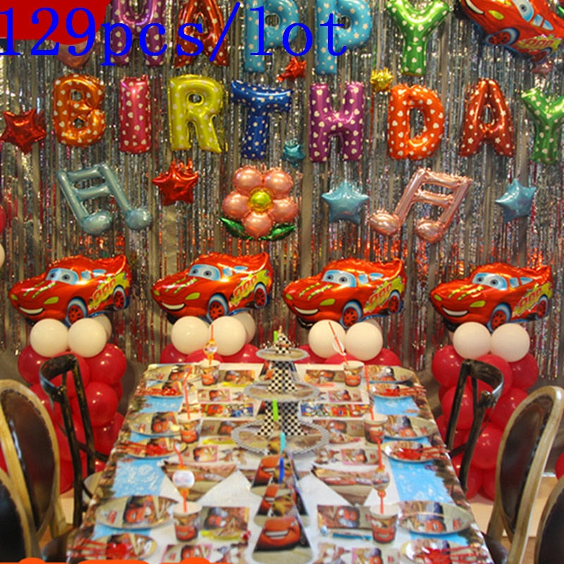 High Quality 129Pcs/lot Disney Cars McQueen Tableware Cup Plate Family Party Horns Kid Birthday Napkin Banner Decoration Supply