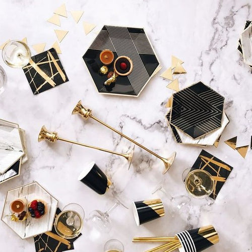 Free Shipping Black Foiled Gold Disposable Tableware set Paper Plates Napkins Cups Straws Birthday Party Wedding  Christma Decor