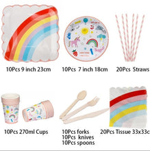 Load image into Gallery viewer, 90Pcs New Year Unicorn Party Cartoon Rainbow Disposable Tableware Set Straws Cake Plates Cups Napkins Birthday Party Decorations