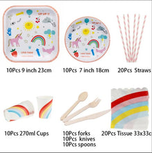 Load image into Gallery viewer, 90Pcs New Year Unicorn Party Cartoon Rainbow Disposable Tableware Set Straws Cake Plates Cups Napkins Birthday Party Decorations
