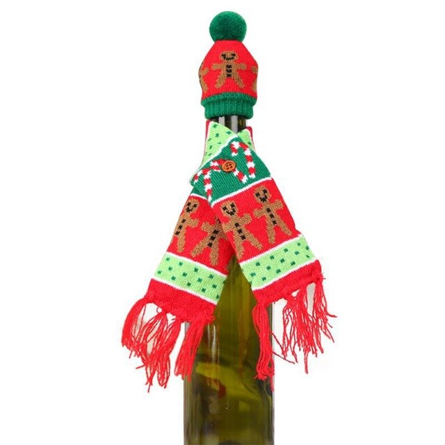 Knitted Sweater Christmas Decorations Wine Bottle Cover Set Scarf And Hat For Xmas Holiday Dining Table Decor Gift Wrapping