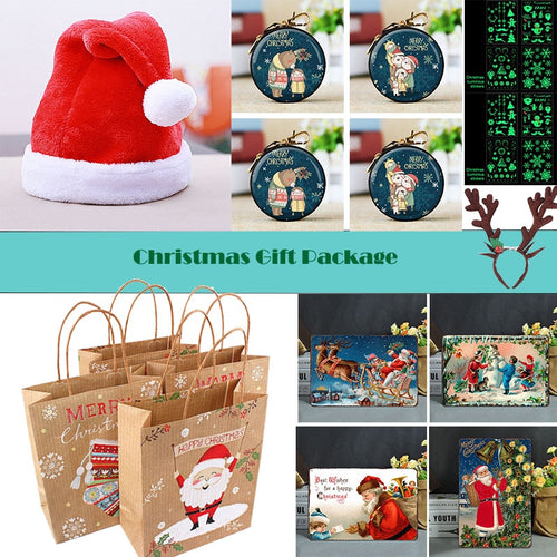 mix 24pcs Christmas Gift Bag Christmas Hat Gift Bag Elk Headwear Nightlight Jewelry Tin Painting Party Gift Festival Supplies