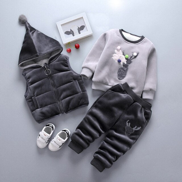 3pcs/Set Baby Christmas Clothes Super Warm Winter baby boys girls suit fleece sweater +Hooded Vest +Pants Infant thickening suit