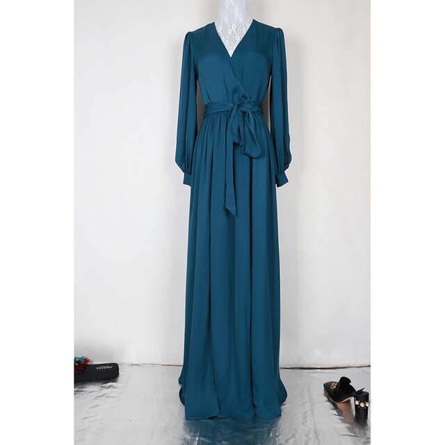 Christmas clothes big size women cleavage party dress v-neck tie belt long sleeve floor length bridal party dress large tunic