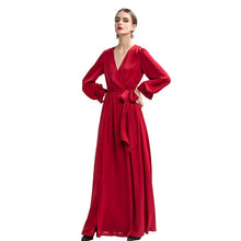 Load image into Gallery viewer, Christmas clothes big size women cleavage party dress v-neck tie belt long sleeve floor length bridal party dress large tunic