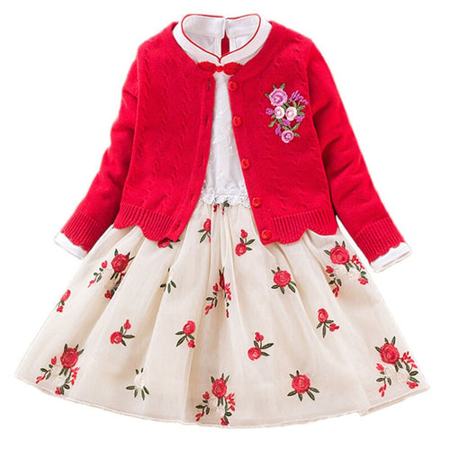 Children`s Winter Clothes Set Girls Sweater Coats+lace Dresses 2pcs Suit Girls Princess School Clothing Kids Christmas Clothes