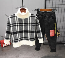 Load image into Gallery viewer, 2PCS WLG boys thanksgiving clothings et kids velvet fake two plaid hoodies and jean set baby casual christmas clothes children