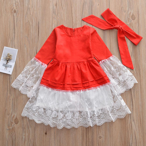 Roimyal wholesale baby girl dress new year red solid lace patchwork flare sleeve Big bow dress Children Christmas clothes 1-6Y