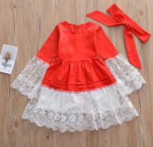 Load image into Gallery viewer, Roimyal wholesale baby girl dress new year red solid lace patchwork flare sleeve Big bow dress Children Christmas clothes 1-6Y