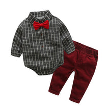 Load image into Gallery viewer, Kids Clothes Four Seasons GM Long Cotton Gray Plaid Two-piece Boy Shirt and Pants Handsome Kids Costume Boys Christmas Clothes