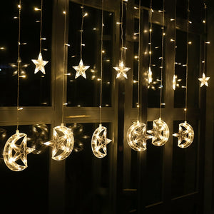 2.5M Star Moon LED Curtain String Lights Ramadan Light Indoor House Holiday Festival Christmas Decoration Fairy Lighting Lamps