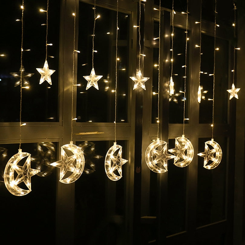 2.5M Star Moon LED Curtain String Lights Ramadan Light Indoor House Holiday Festival Christmas Decoration Fairy Lighting Lamps