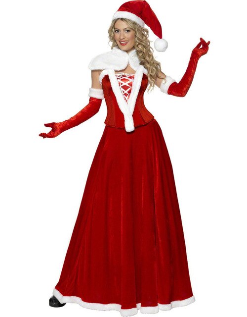 5Pcs/Set Adult Christmas Party Women Santa Claus Costume Red Velvet XMAS Dress Christmas Holiday Long Dress