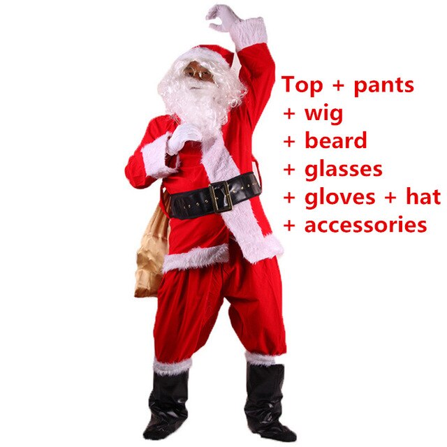 Cosplay Christmas Santa Claus Costumes Suit Father Fancy Clothes Xmas Props Men Coat Pants Beard Belt Hat Christmas Set