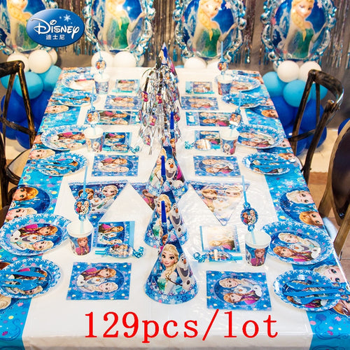 High Quality Disney Frozen Anna Elsa Disposable Tableware Cup Plate Kid Birthday Napkin Banner Decoration Set Supply 129Pcs/lot
