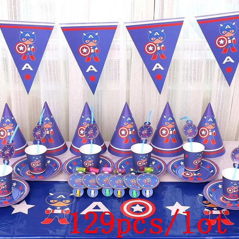 Captain America Marvel Theme 129Pcs Paper Cup Plate Straw Kid Birthday Party Gift Bag Blowout Wedding Napkin Decoration Supply