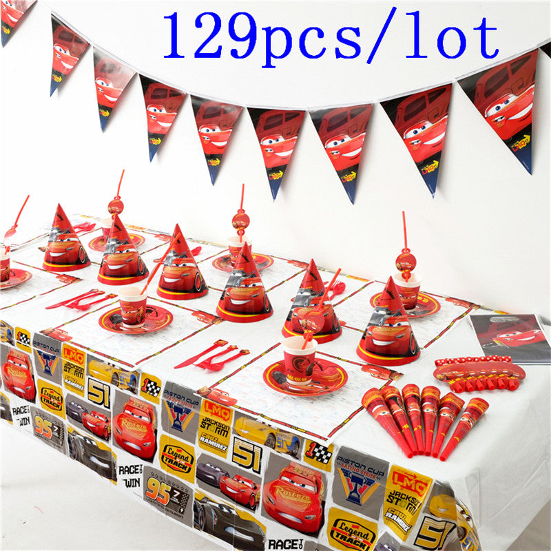 High Quality Disney Cars 129Pcs/lot Cup+Plate+Napkin+Horns+Banner Kid Birthday Lightning McQueen Tableware Set Decoration Supply