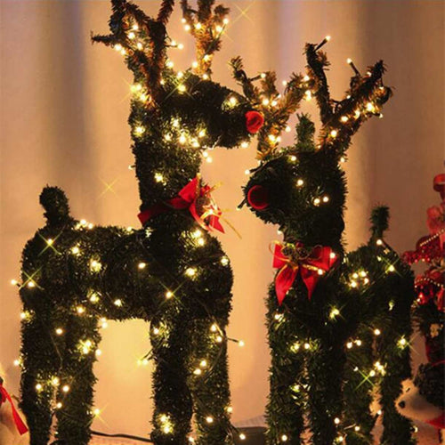 30/40/50/60CM Vintage Christmas Reindeer with 10M LED Holiday Light Artificial Grass Decor US Plug Deer Pendant Ornaments New